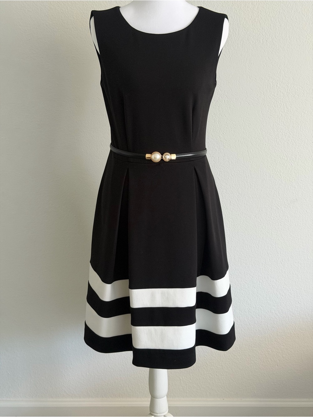 Calvin Klein Black and White Sleeveless Midi Dress with Decorative Belt